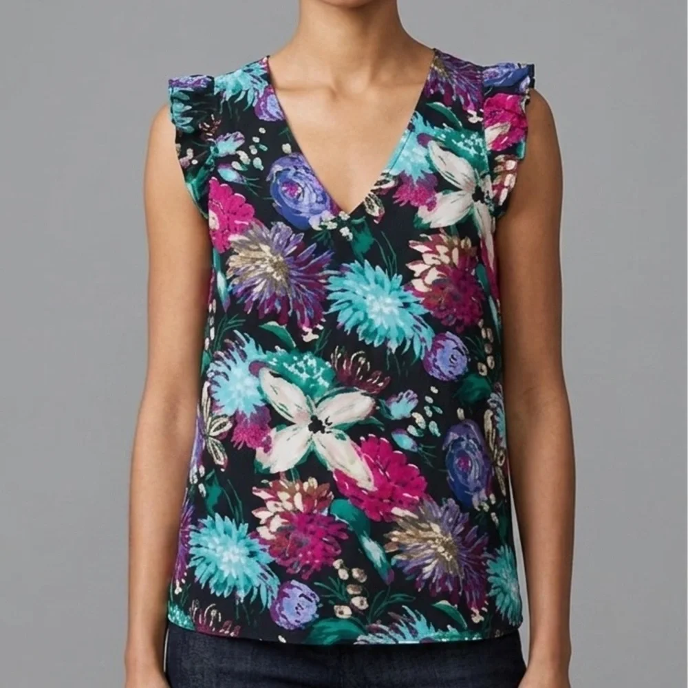 J. CREW Floral Cottagecore Printed Sleeveless Ruffle V-Neck Tank Top Size 8